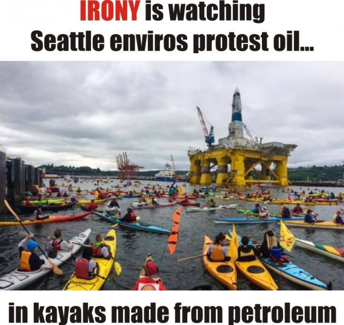 Irony is watching Seattle enviros protest oil in kayaks made from petroleum