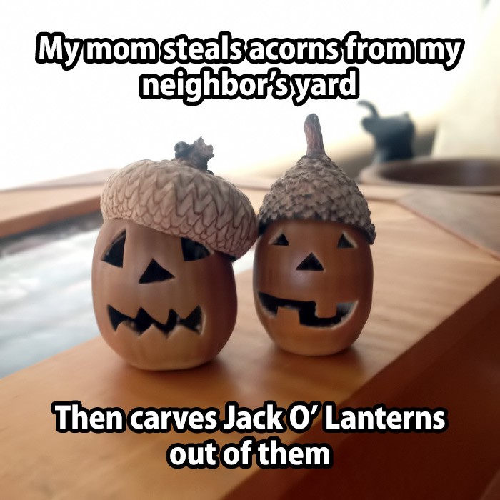 My mom steals acorns from my neighbor's yard and then carves jack'o lanterns out of them. 
