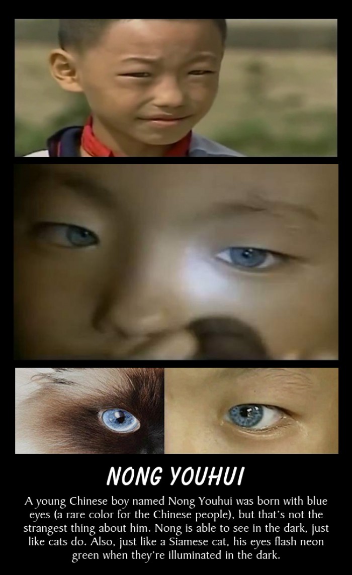 A young Chinese boy with blue eyes can see in the dark